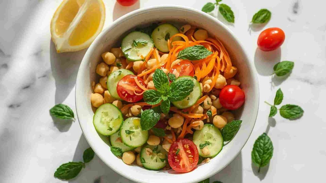 একটি কাঠের টেবিলে রাখা রঙিন সালাদ বাটি, যেখানে শসা, টমেটো, গাজর, পুদিনা, লেবু, বাদাম, দই, এবং অন্যান্য পুষ্টিকর উপাদান একসাথে সাজানো আছে -পুষ্টিকর ও স্বাস্থ্যকর খাবারের প্রতিচ্ছবি