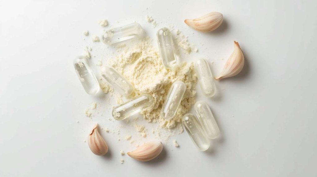রসুন সাপ্লিমেন্টস ক্যাপসুলে, যা শরীরে সহজে শোষিত হয় এবং স্বাস্থ্য উপকারিতা দেয়।