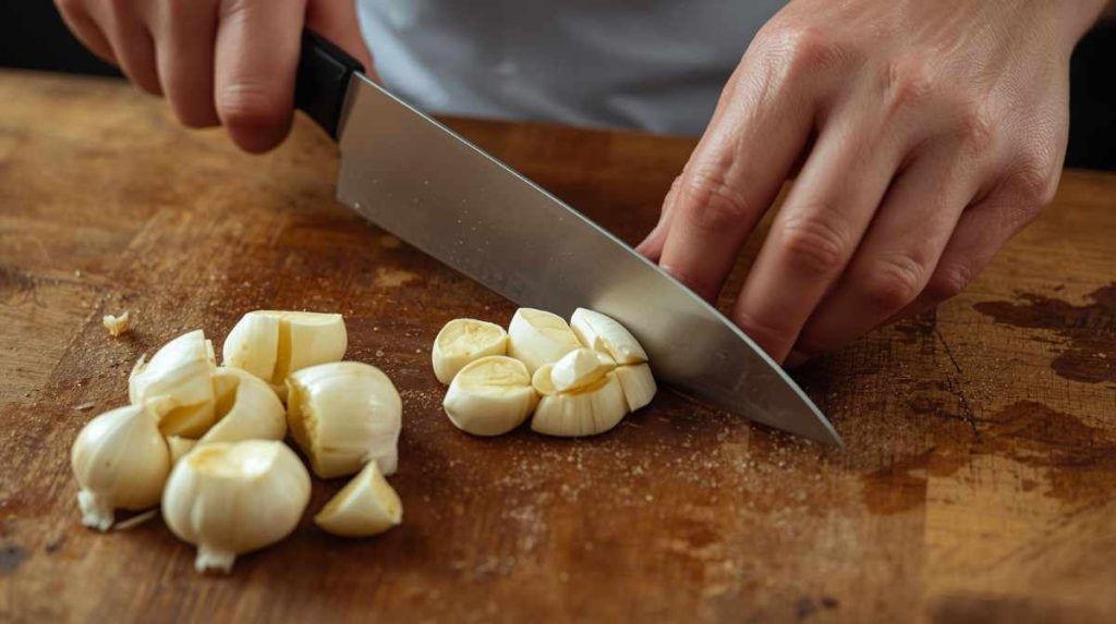 তাজা রসুন কাটা হচ্ছে, যা খাবারে স্বাদ এবং স্বাস্থ্য উপকারিতা যোগ করে।"