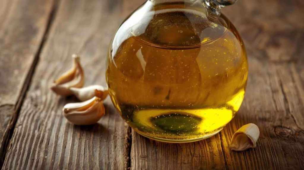 রসুনের তেল বোতলে, যা প্রাকৃতিক অ্যান্টিব্যাকটেরিয়াল এবং অ্যান্টিফাঙ্গাল গুণে সমৃদ্ধ।