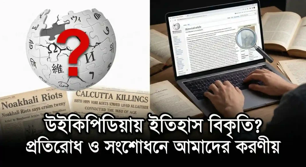 Thumbnail showing distorted Wikipedia logo and history correction on laptop - উইকিপিডিয়ায় ইতিহাস বিকৃতি প্রতিরোধ ও সংশোধনে করণীয়