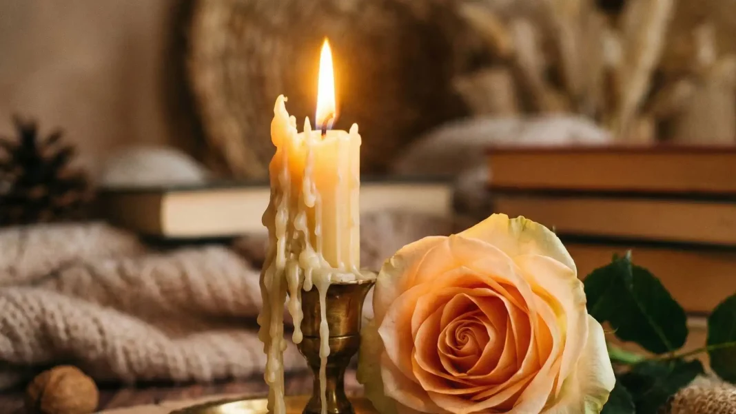 জ্বলন্ত মোমবাতি বা ফলে ভরা গাছ যা ভোগে নয় ত্যাগেই প্রকৃত সুখ ভাব সম্প্রসারণের প্রতীক।